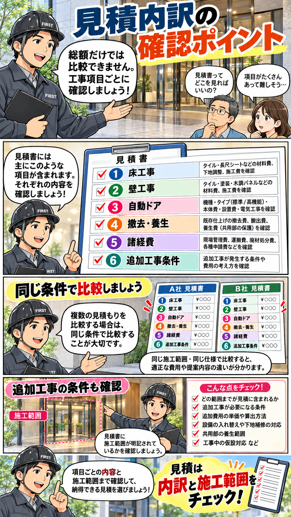 マンションのエントランス改修で床・壁・自動ドア・撤去・養生・諸経費の見積内訳を確認する漫画