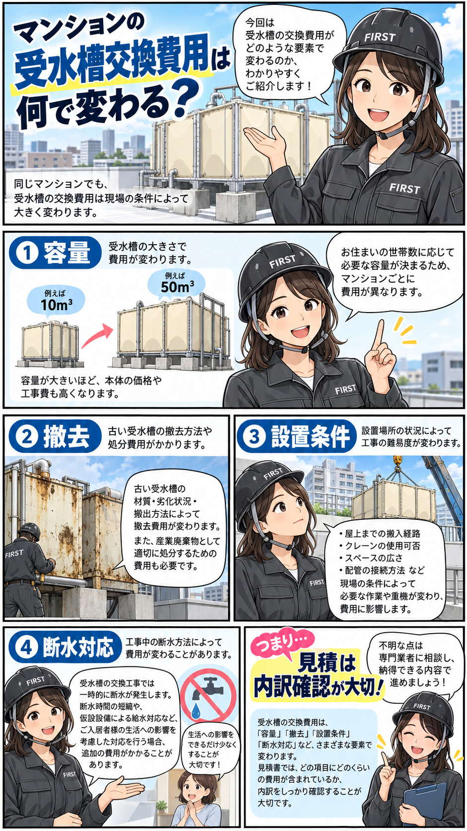 マンションの受水槽交換費用が容量・既存設備の撤去・設置条件・断水対応・見積内訳によって変わることを説明する漫画