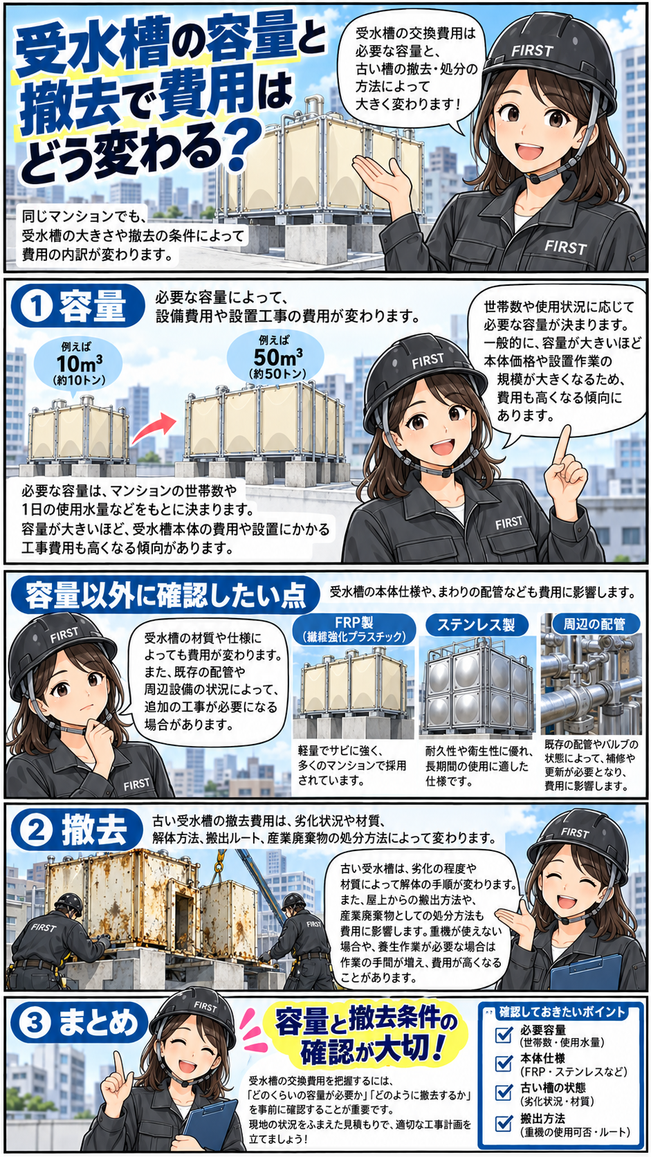 マンション受水槽の有効容量・FRP製とステンレス製の違い・既存水槽の撤去方法が工事費用に影響することを説明する漫画