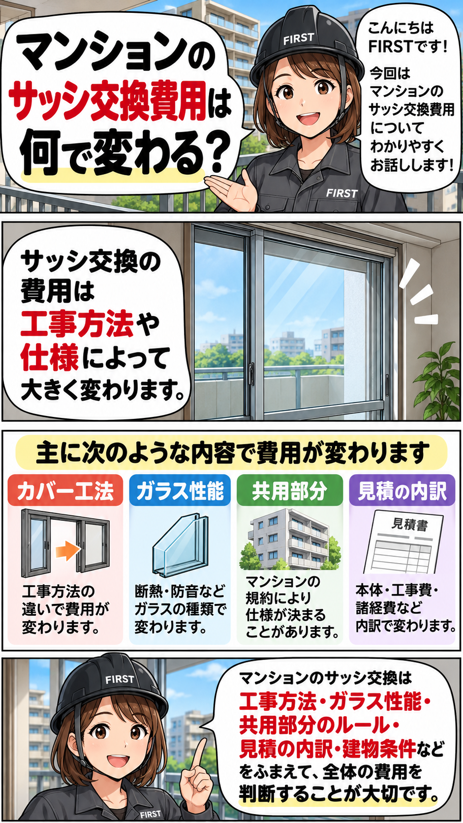 マンションのサッシ交換費用がカバー工法・ガラス性能・共用部分・見積内訳で変わる理由を解説する漫画