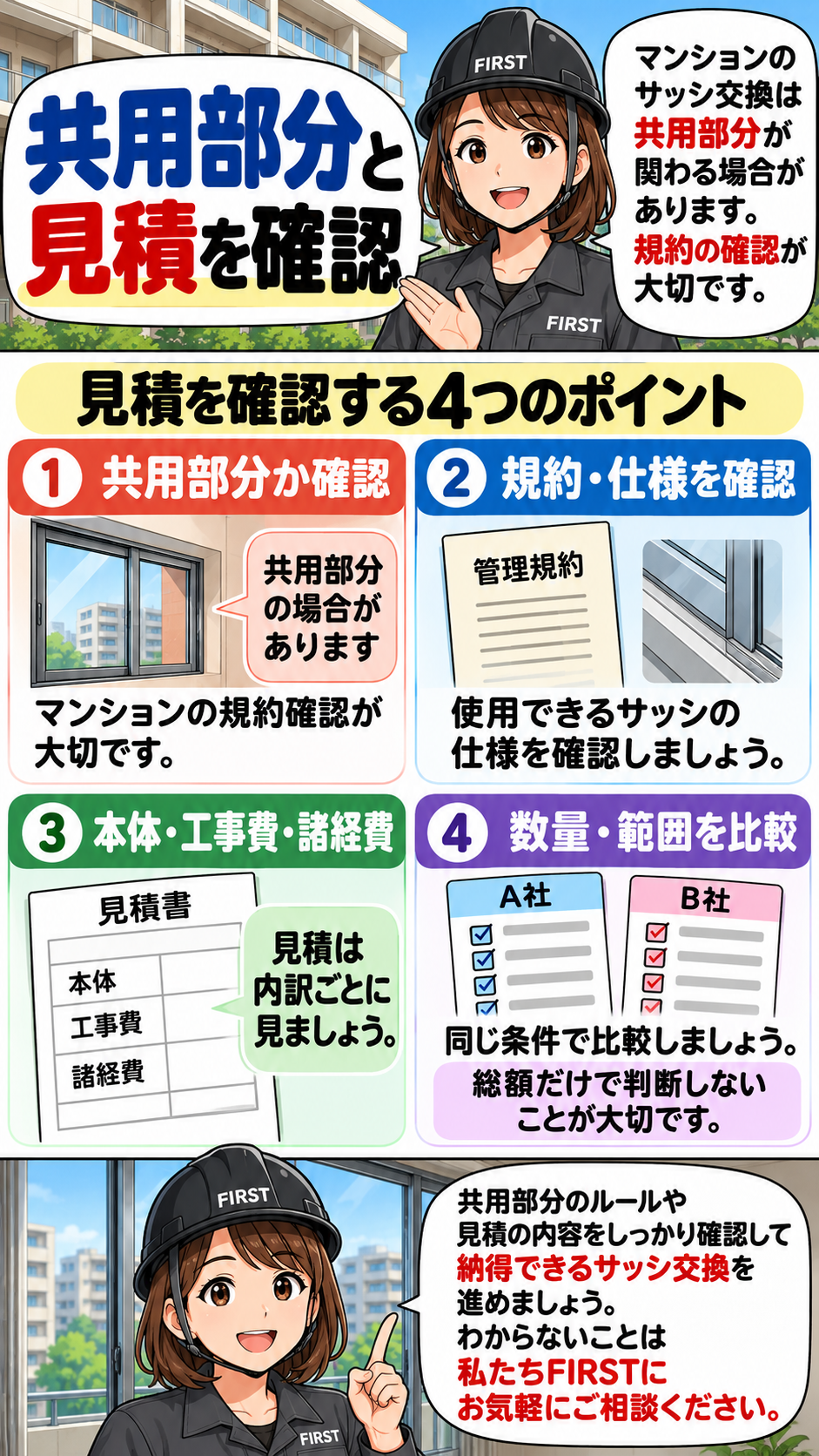 既存枠を残すカバー工法と枠を撤去するサッシ交換工法の違い、費用に影響する施工範囲を解説する漫画