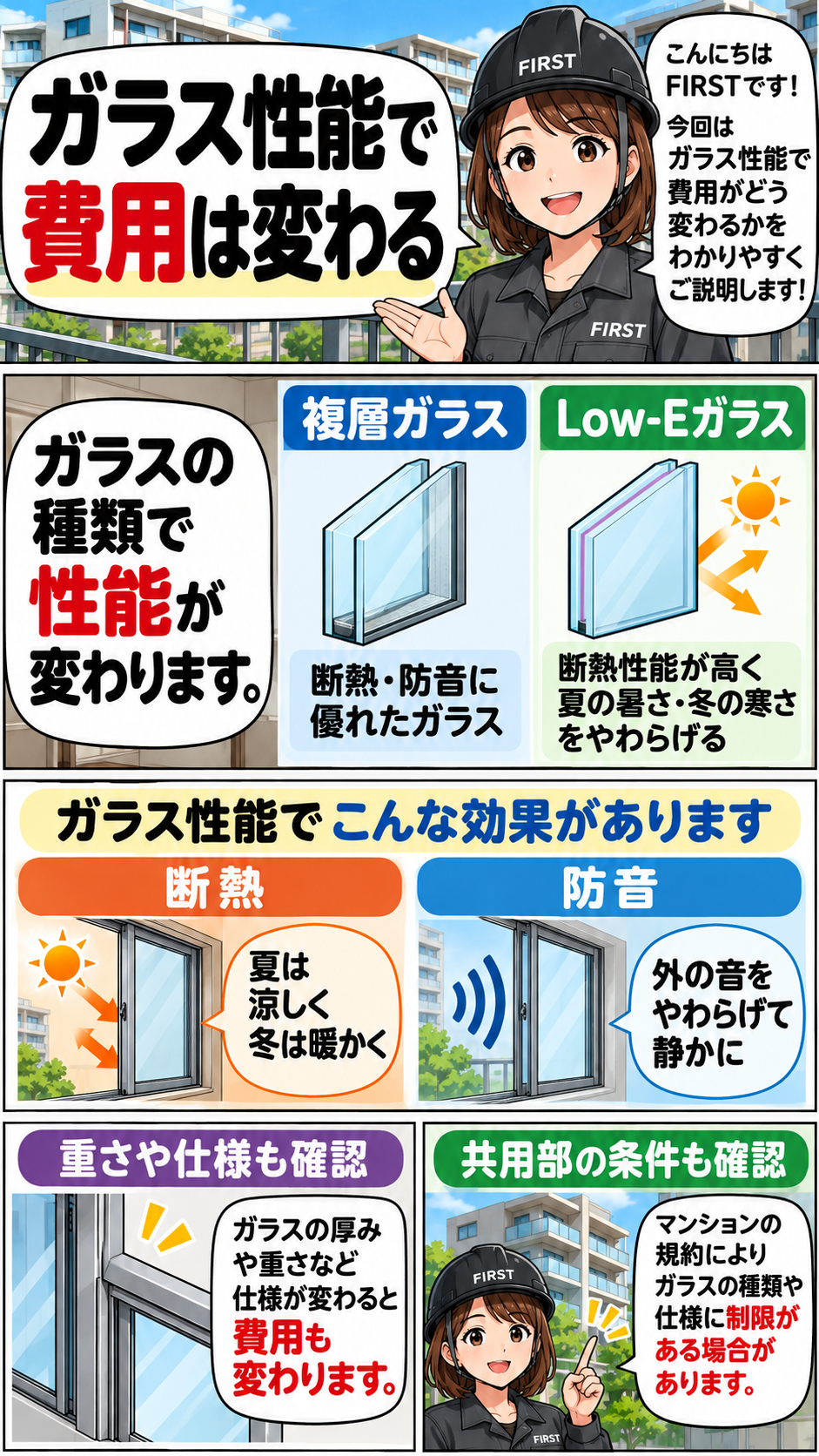 単板ガラス・複層ガラス・Low-E複層ガラスの違いと、断熱性・防音性を窓全体で確認するポイントを説明する漫画