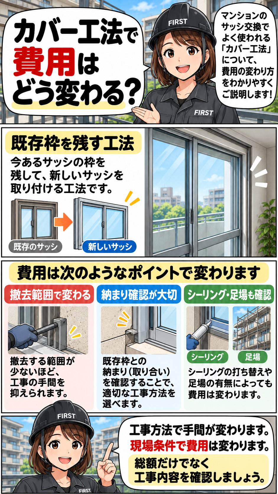 マンション窓サッシの共用部分・管理規約・費用負担と、交換見積で確認する工事項目を説明する漫画