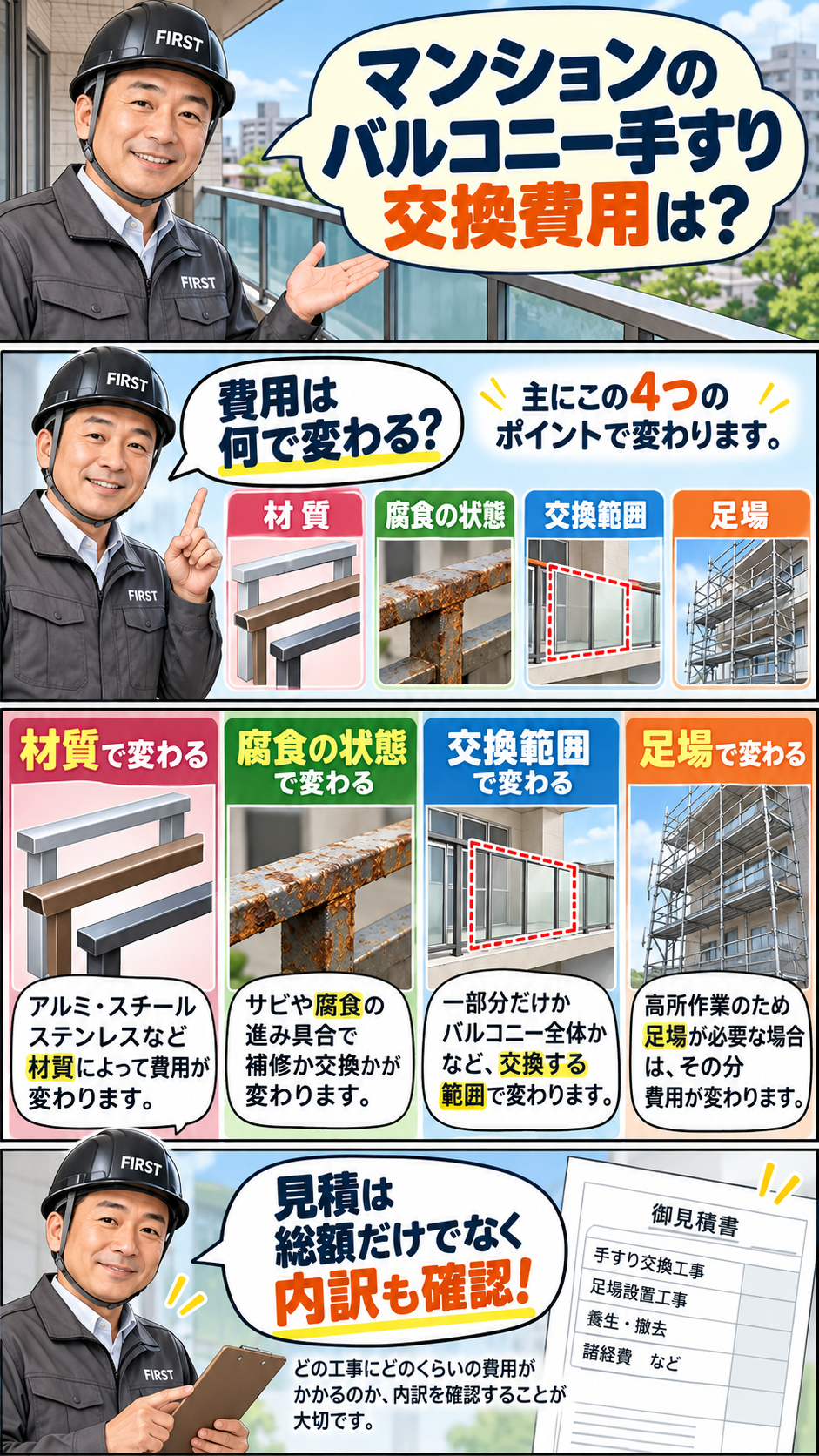 マンションのバルコニー手すり交換費用が材質・腐食・交換範囲・足場・見積内訳によって変わることを説明する漫画