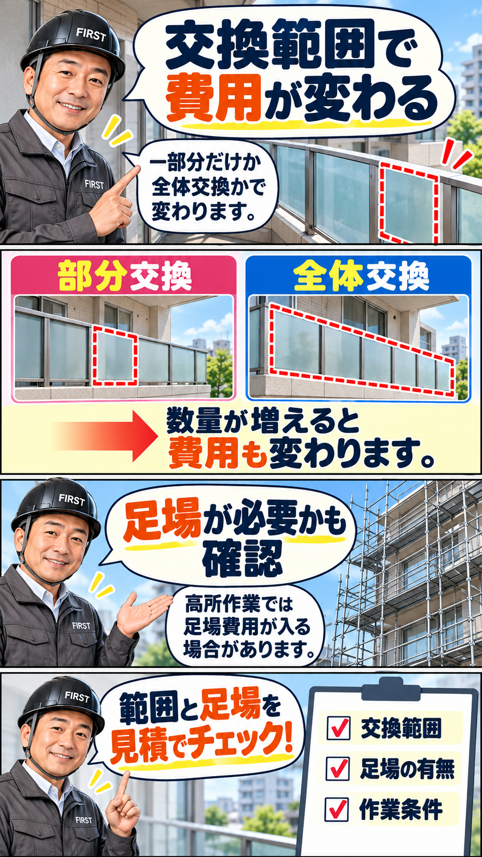 バルコニー手すりの部分交換と全体交換、施工延長、支柱数量、足場条件による費用差を説明する漫画