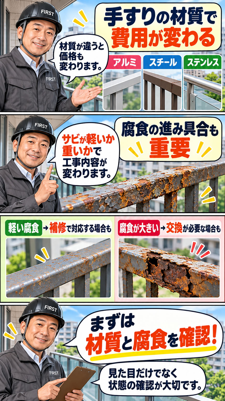アルミ・スチール・ステンレス手すりの材質による違いと、腐食・損傷の程度による補修・交換の判断を解説する漫画