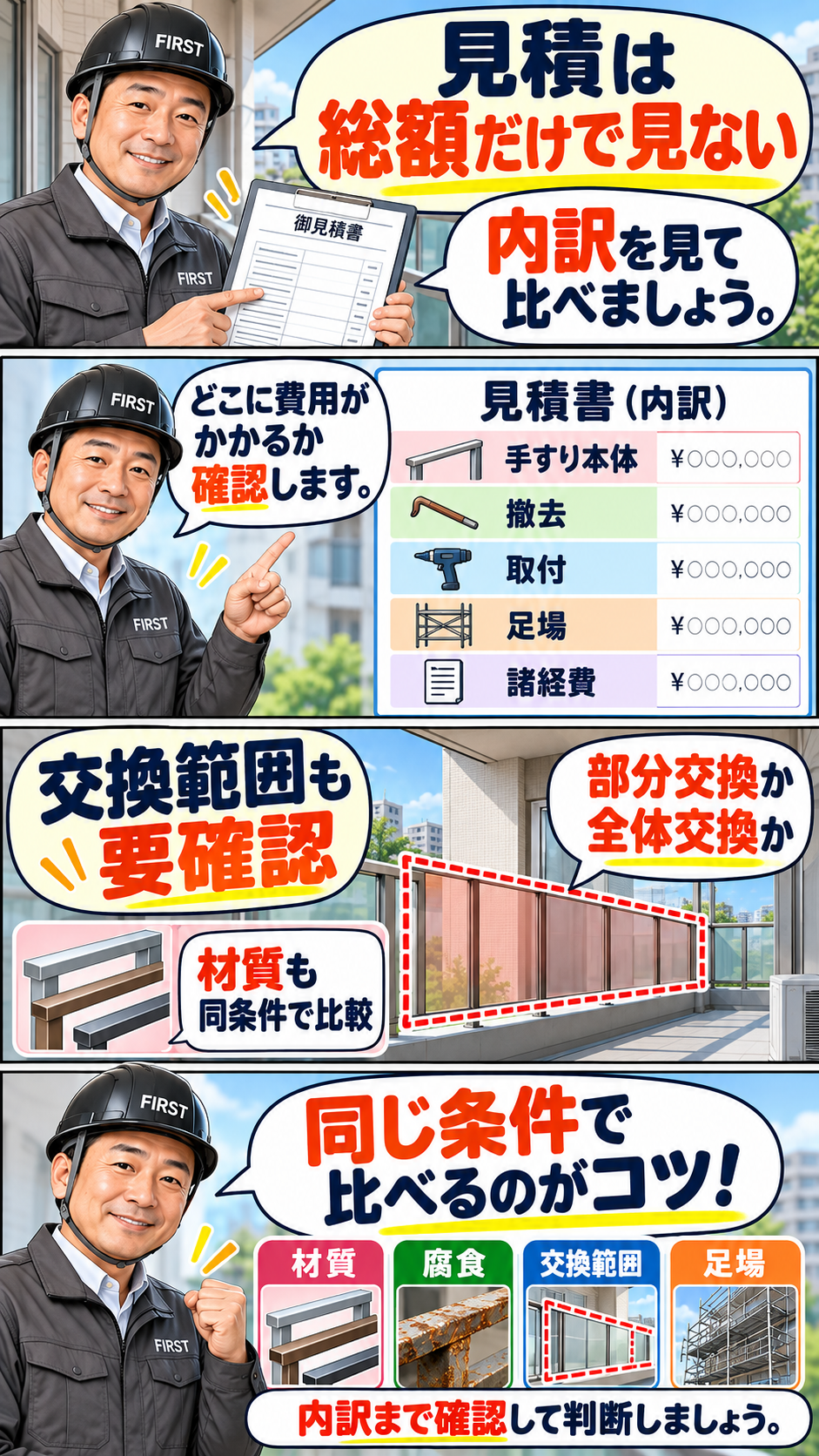 バルコニー手すり交換の見積で本体・撤去・取付・足場・養生・固定部補修・諸経費を確認するポイントを解説する漫画