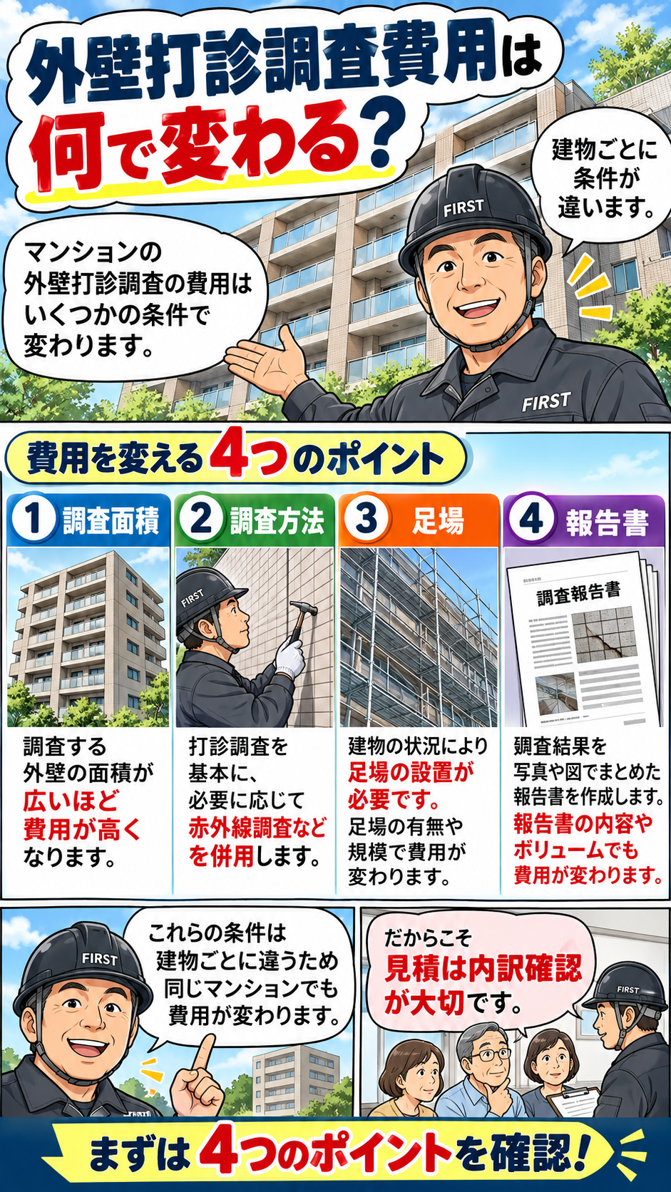 マンションの外壁打診調査費用が調査面積・調査方法・足場・報告書によって変わることを説明する漫画