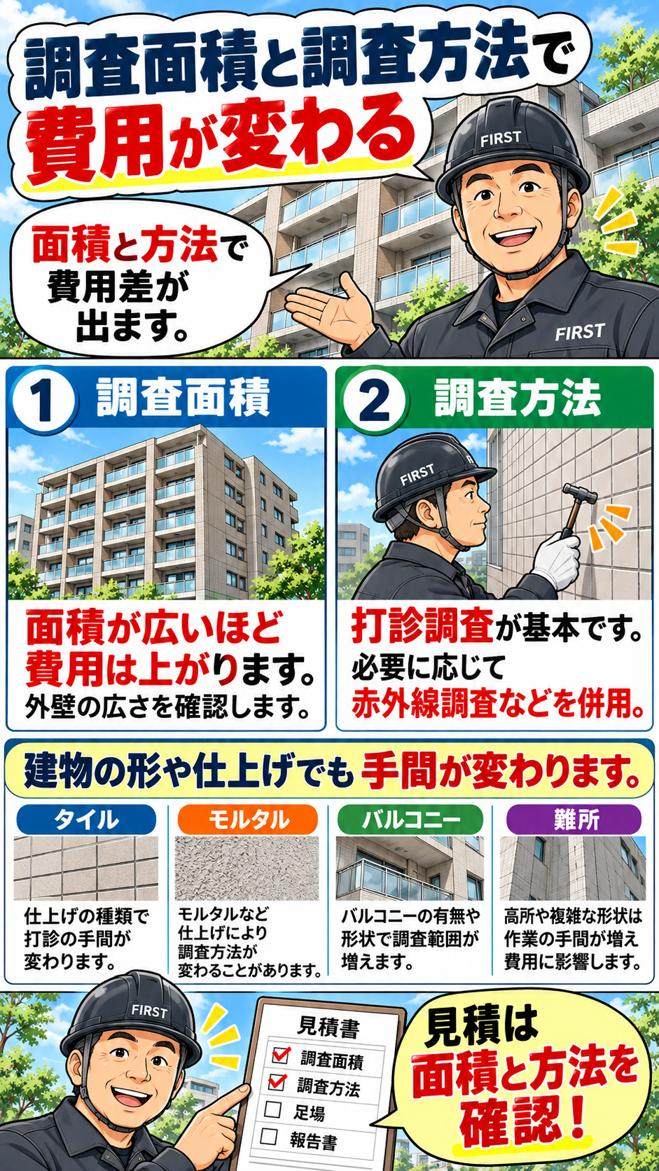 外壁打診調査費用と調査面積・調査方法・外壁形状・赤外線調査の関係を説明する漫画