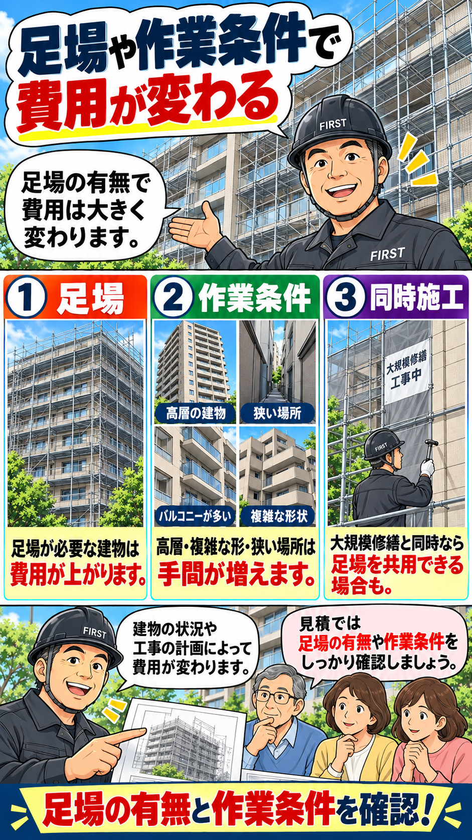 外壁打診調査で足場費用が変わる理由を建物の高さ・外壁形状・作業スペース・大規模修繕との共用条件から説明する漫画