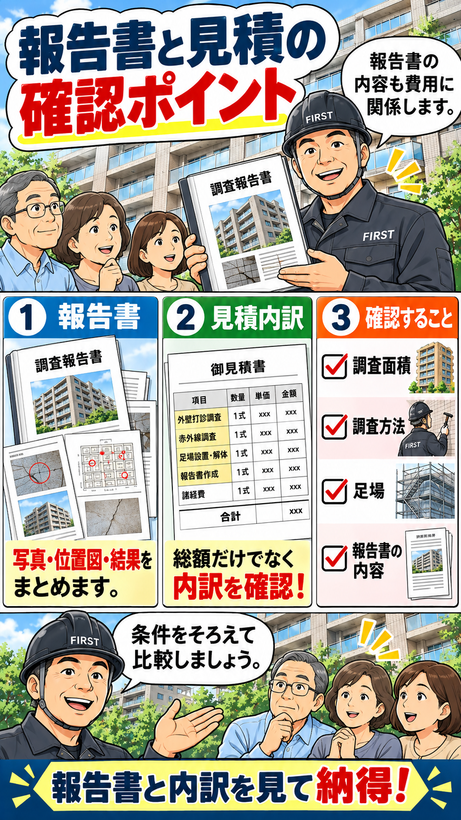 外壁打診調査の報告書と見積を比較するときの調査写真・劣化位置図・対象範囲・調査方法・費用内訳を説明する漫画