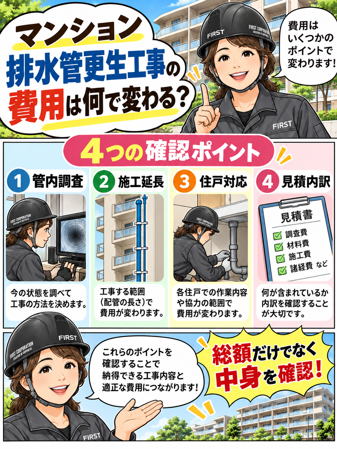 マンション排水管更生工事の費用が管内調査・施工延長・住戸対応・見積内訳によって変わることを説明する漫画