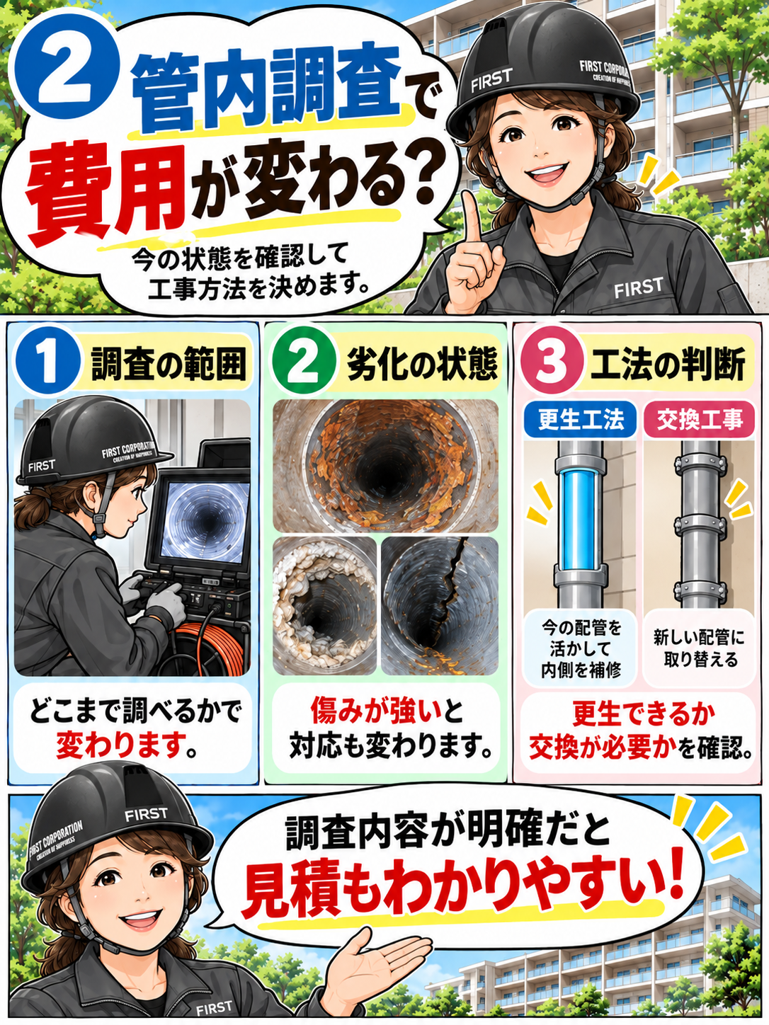 管内カメラ調査で排水管の腐食・変形・穴あき・施工可能性を確認し、部分交換が必要になる場合を説明する漫画