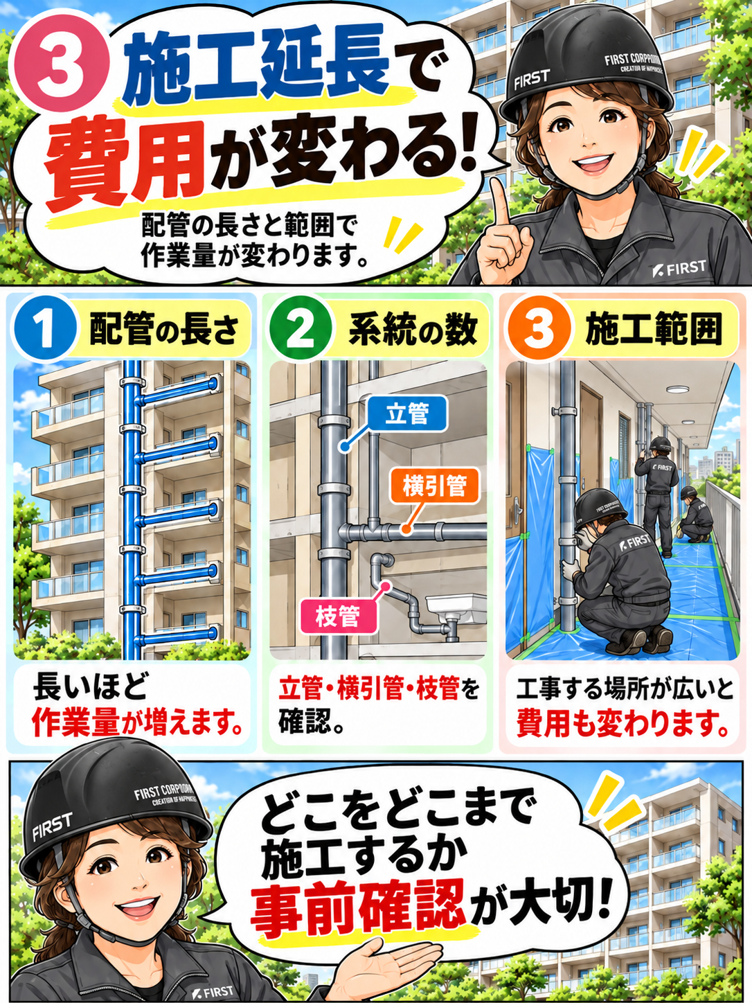 排水管更生工事の施工延長・配管口径・排水立て管・横主管・横枝管の範囲と費用差を説明する漫画