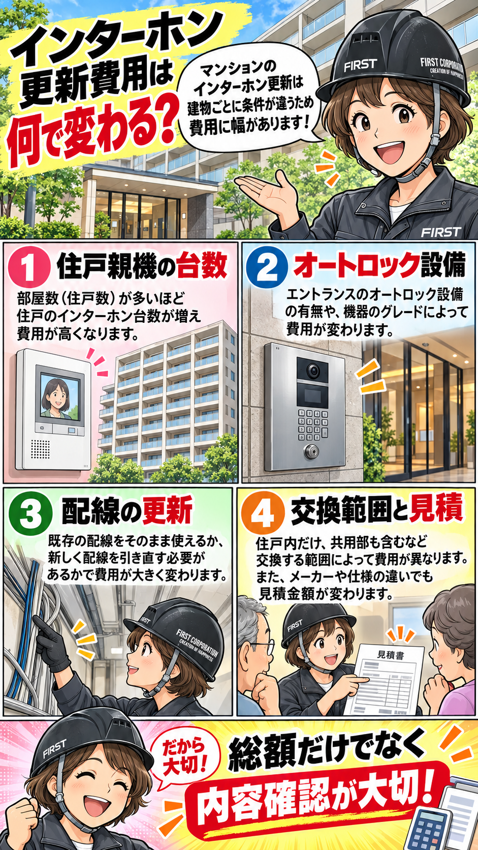 マンションのインターホン更新費用が住戸親機の台数・オートロック設備・配線・交換範囲によって変わることを説明する漫画