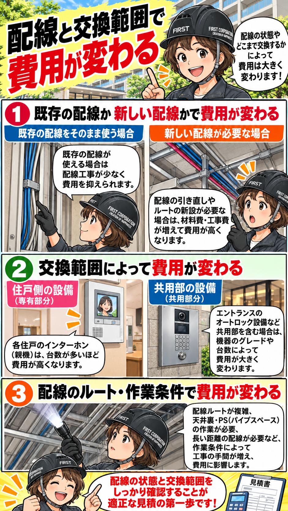 既存配線の再利用・配線引き直し、住戸親機の部分交換・インターホンシステム一括更新による費用差を説明する漫画