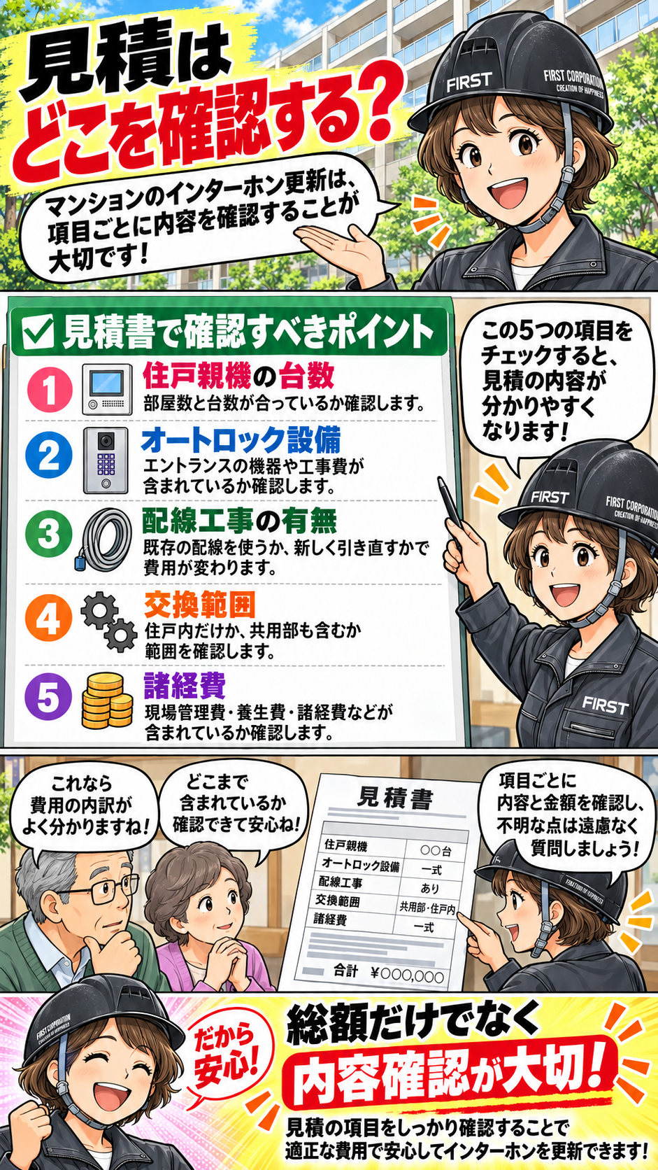 マンションインターホン更新の見積で住戸親機・オートロック設備・配線工事・交換範囲・諸経費を比較するポイントを説明する漫画