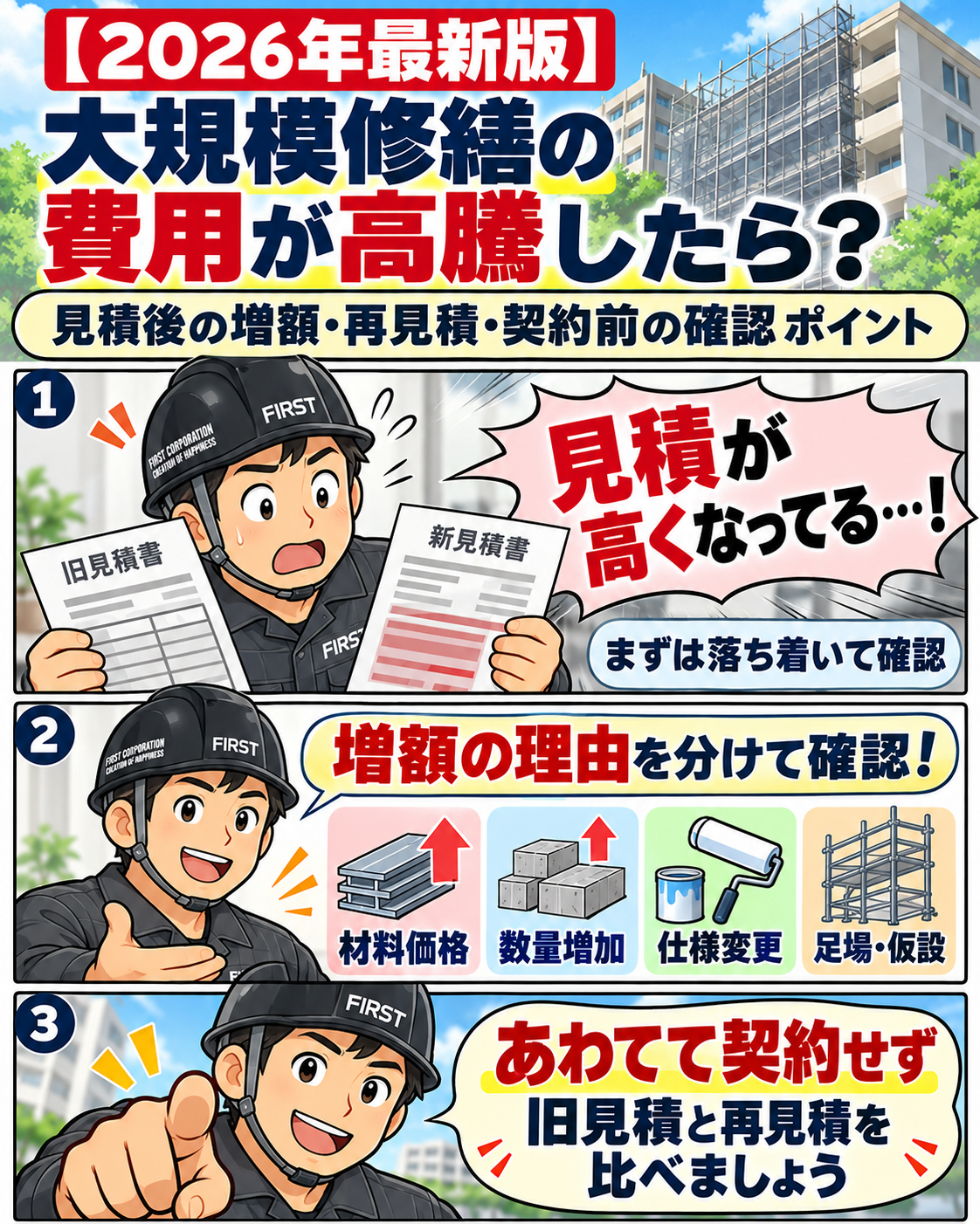 大規模修繕の費用高騰時に旧見積と再見積の増額理由を確認する漫画