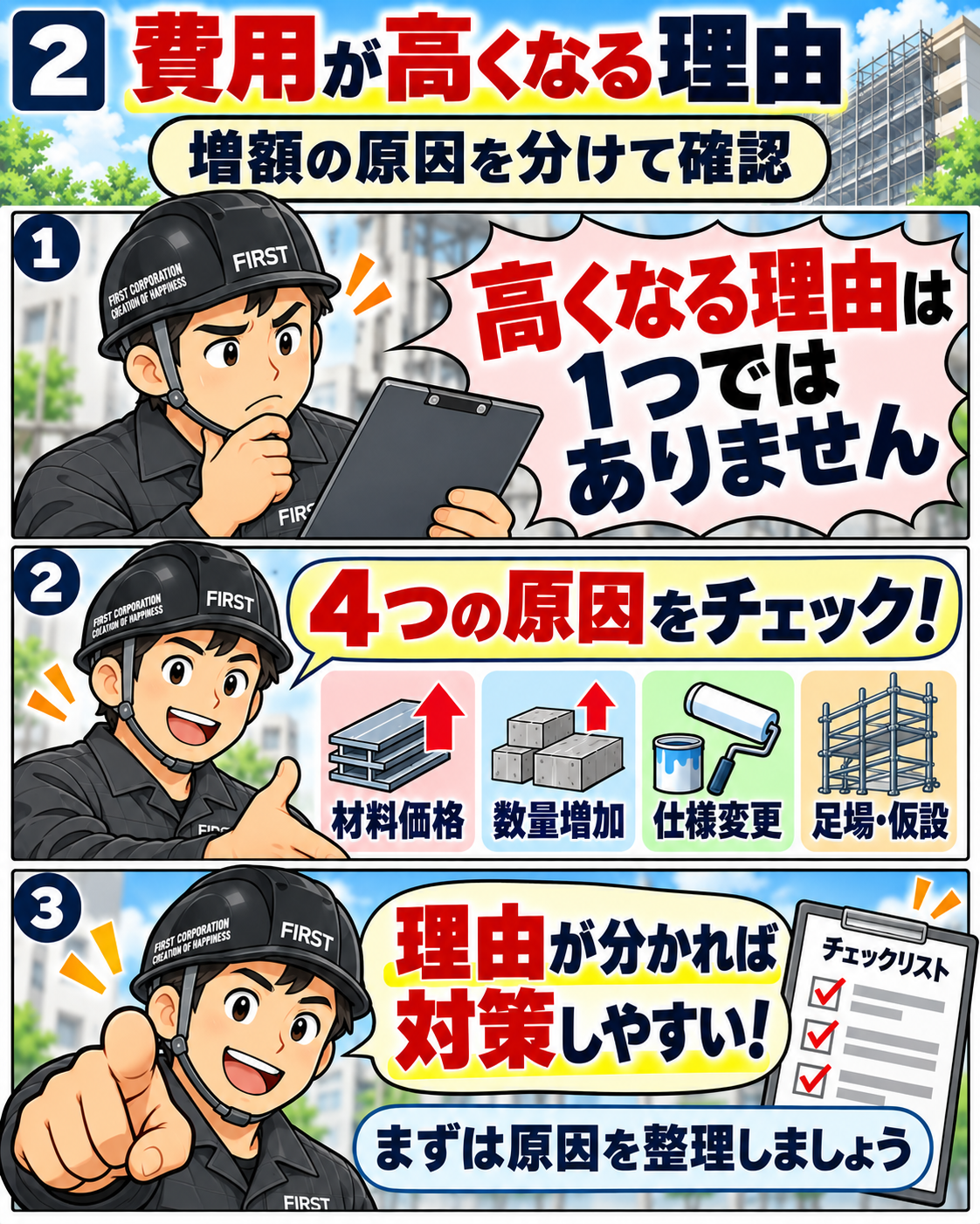 大規模修繕の再見積で材料費・施工数量・仕様・足場費用を確認する漫画