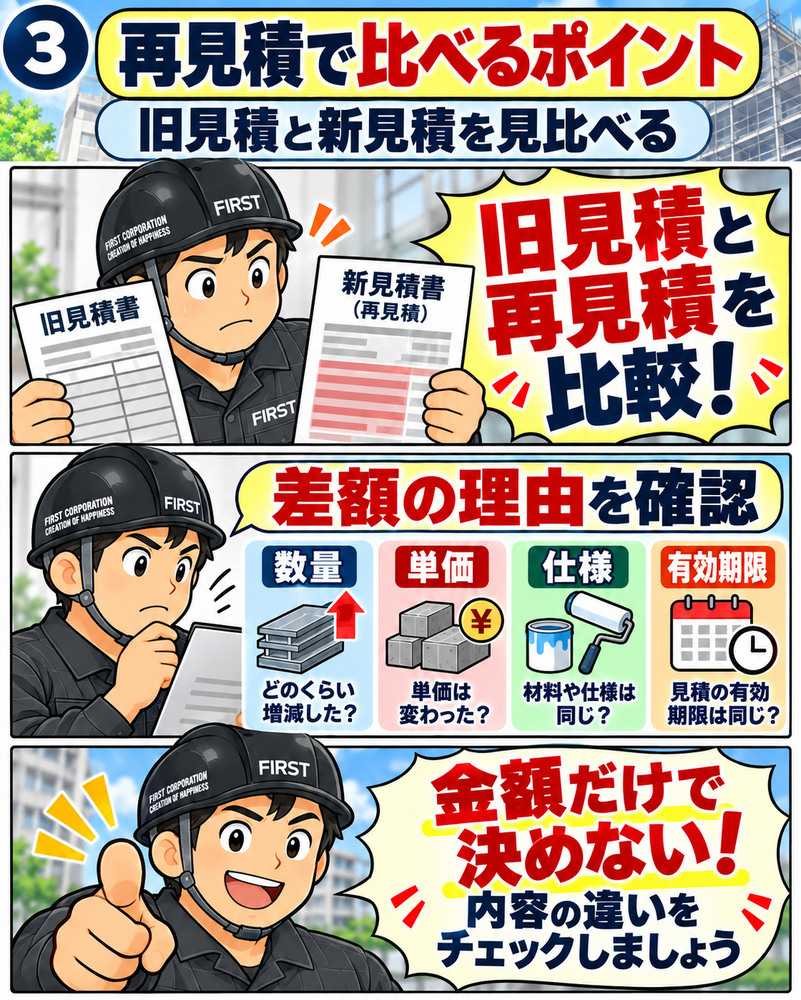 大規模修繕の契約前に見積有効期限や価格変動条件を確認する漫画