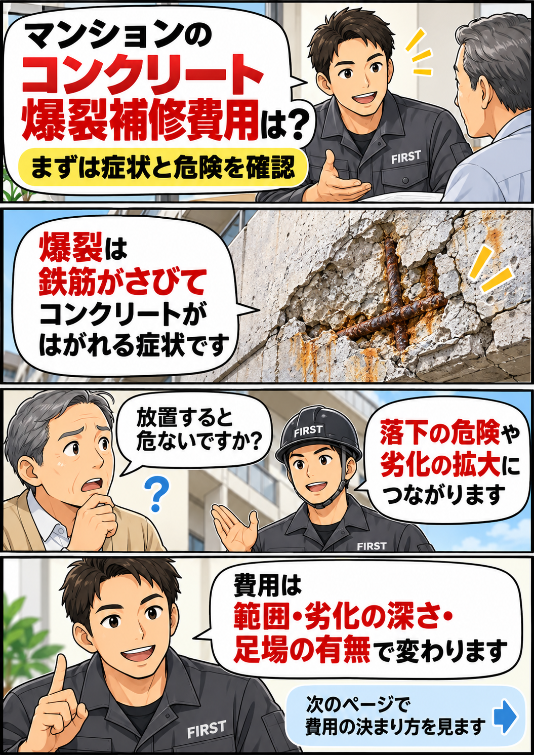 マンションのコンクリート爆裂とは何か、鉄筋腐食や剥落リスクについて説明する漫画