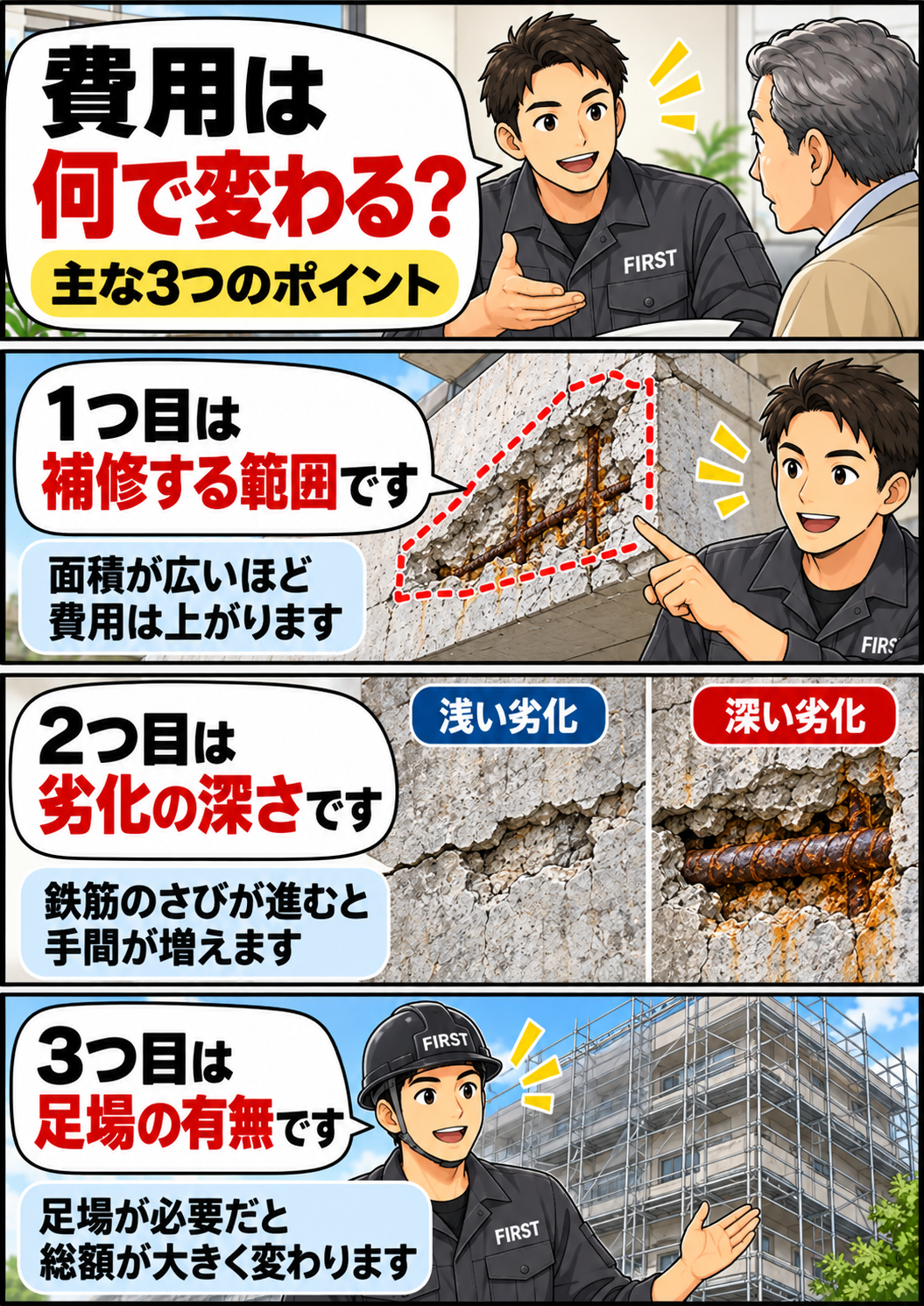 コンクリート爆裂補修費用が補修範囲・劣化の深さ・足場条件で変わることを説明する漫画