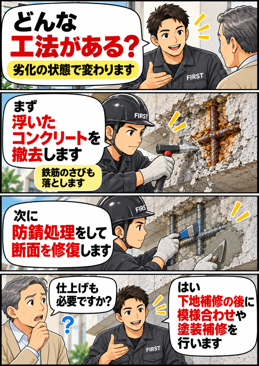 コンクリート爆裂補修の工程である脆弱部撤去・鉄筋の除錆と防錆処理・断面修復・仕上げ復旧を説明する漫画