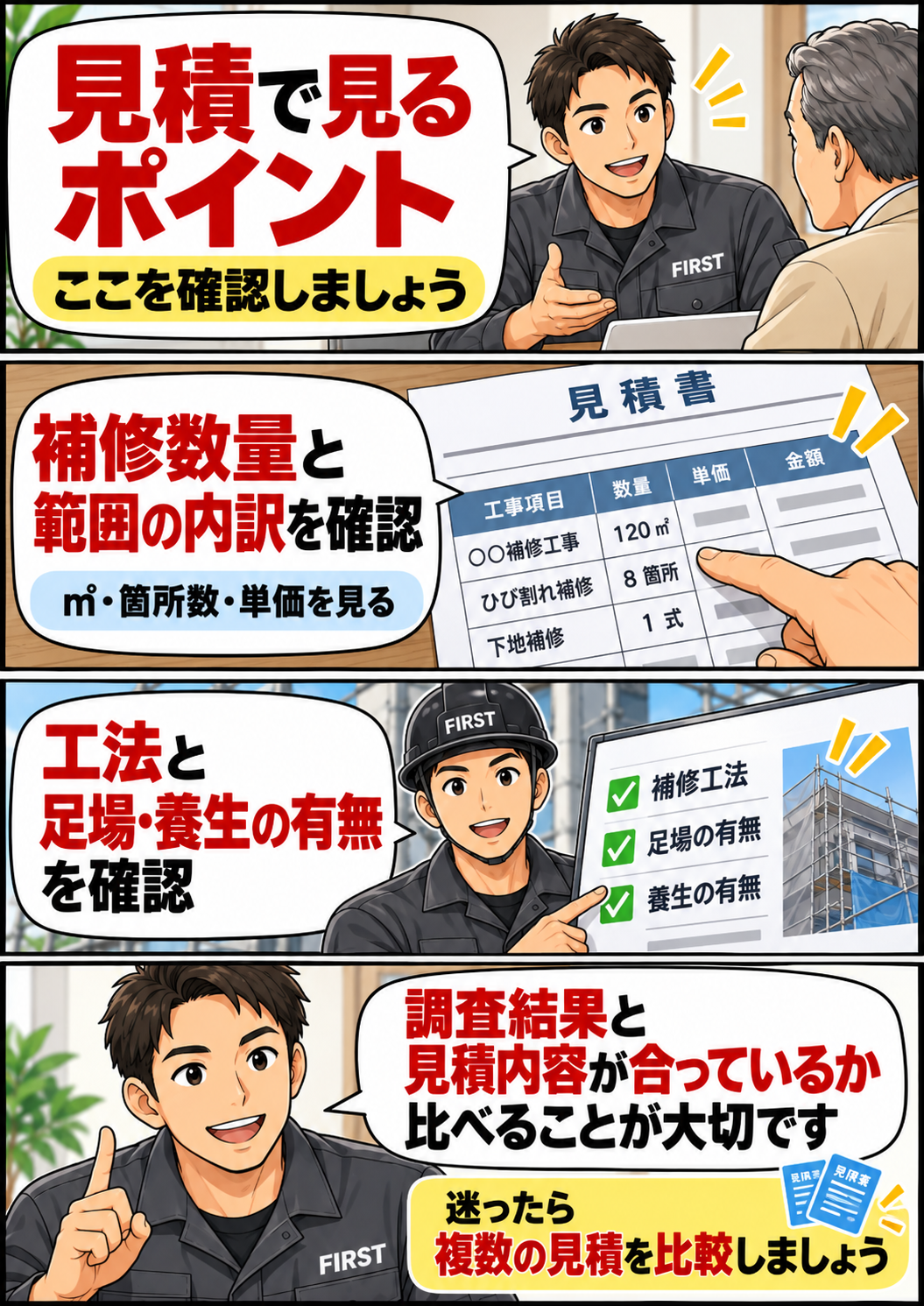 コンクリート爆裂補修の見積書で数量・単価・補修工法・足場・仕上げ復旧を確認する漫画