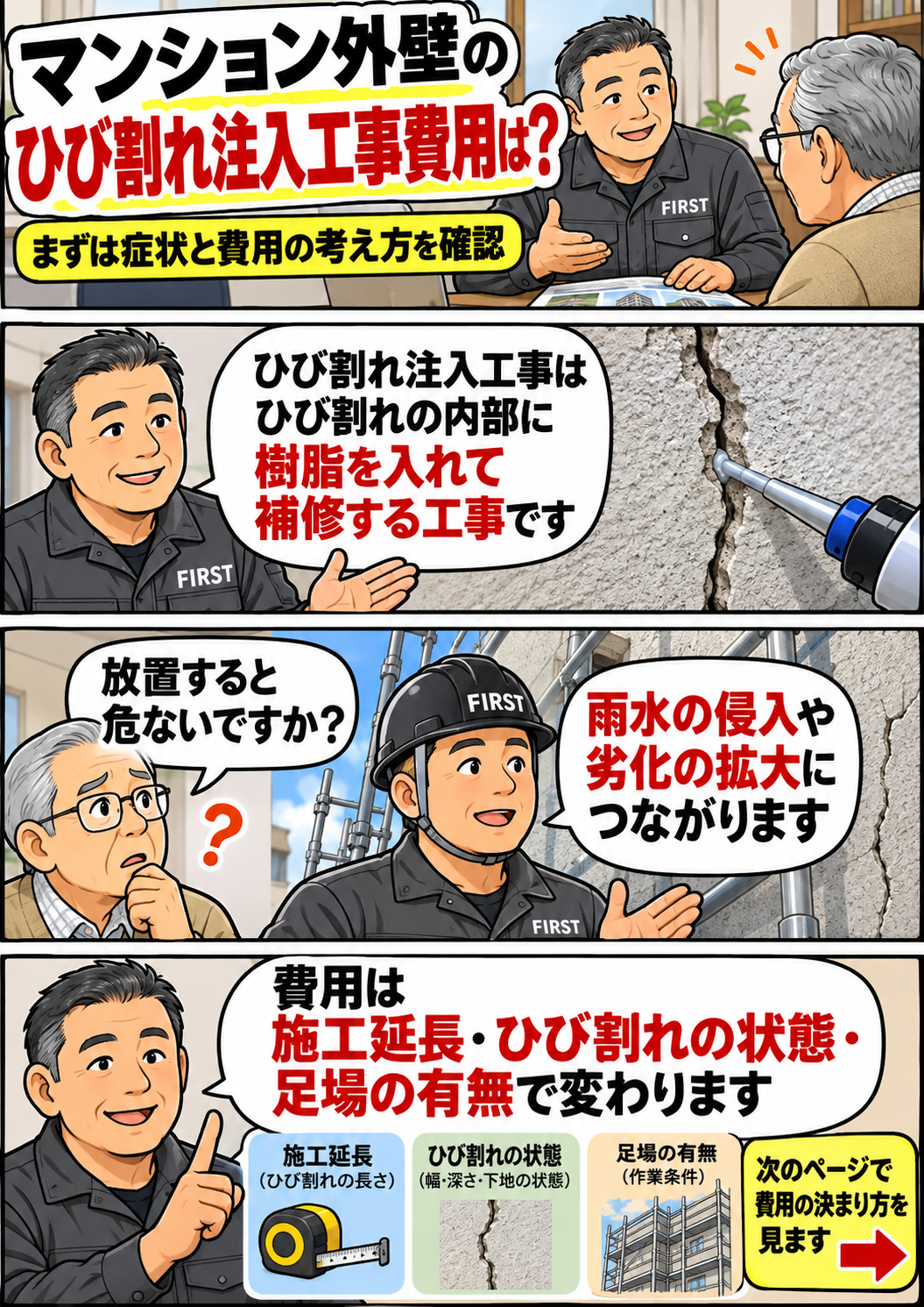 マンション外壁のひび割れ注入工事の概要と雨水侵入・劣化拡大のリスクを説明する漫画