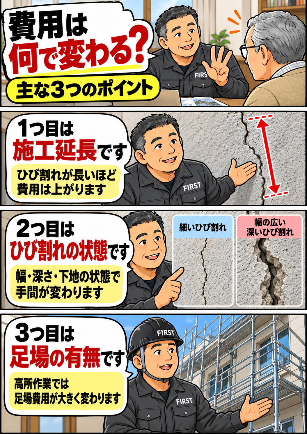 ひび割れ注入工事費用が施工延長・ひび割れの幅や深さ・足場の有無で変わることを説明する漫画