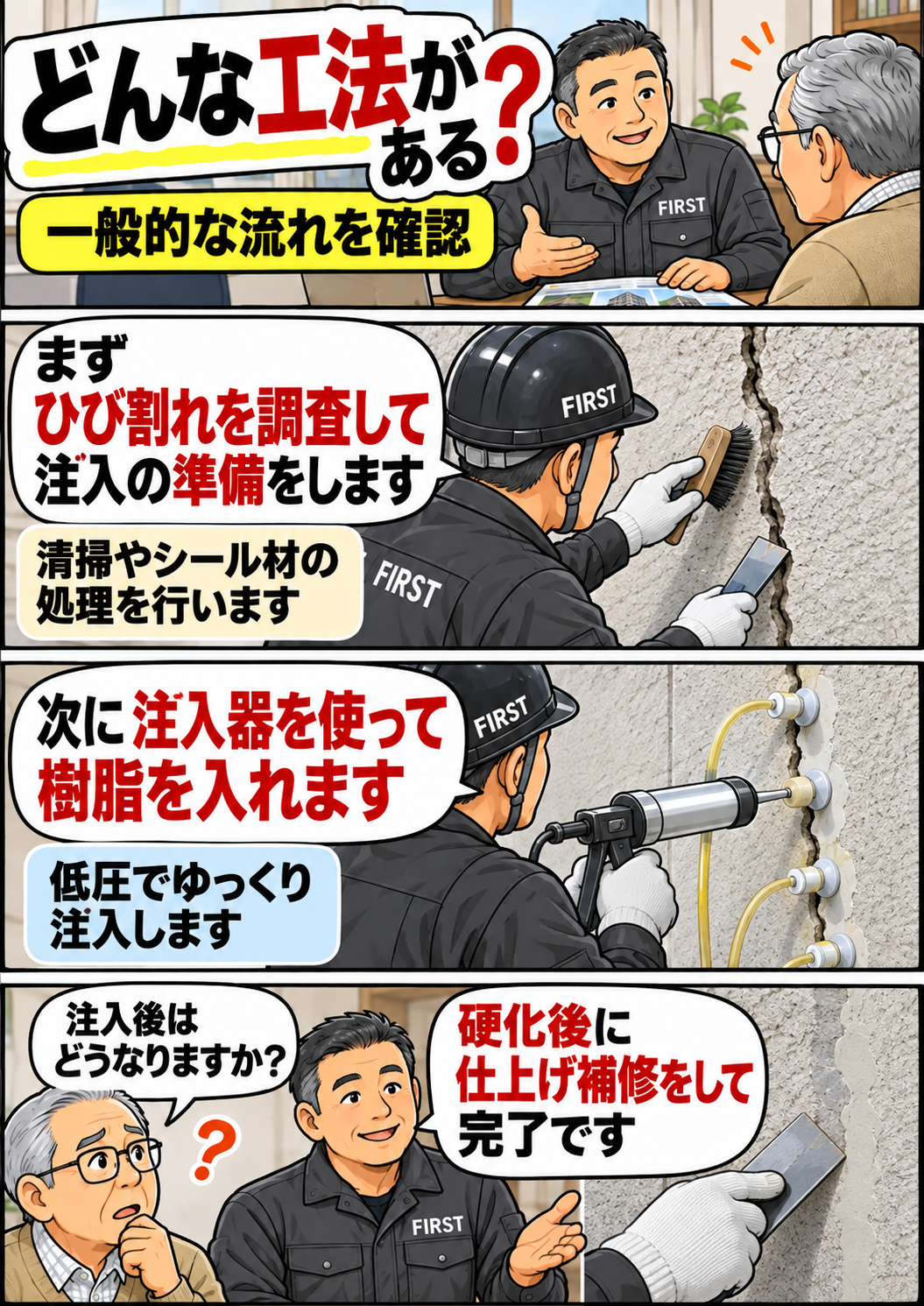 低圧エポキシ樹脂注入工法の施工手順であるひび割れ調査・清掃・注入準備・樹脂注入・硬化養生・仕上げを説明する漫画