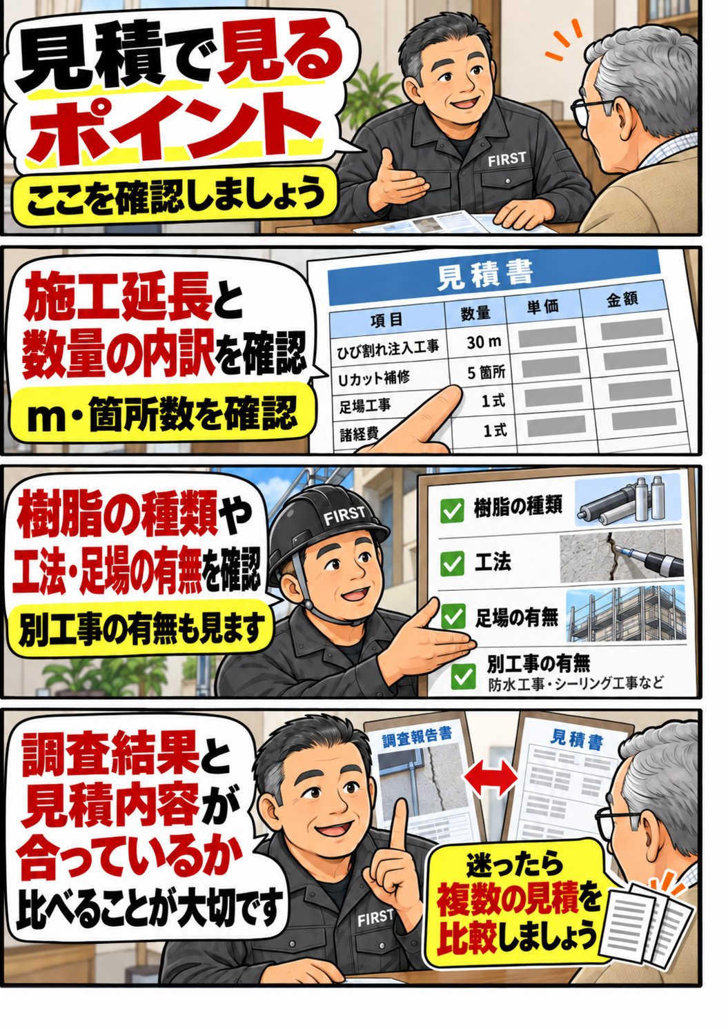 マンション外壁のひび割れ注入工事の見積書で、施工延長・単価・樹脂注入工法・足場費用・調査結果を確認する漫画