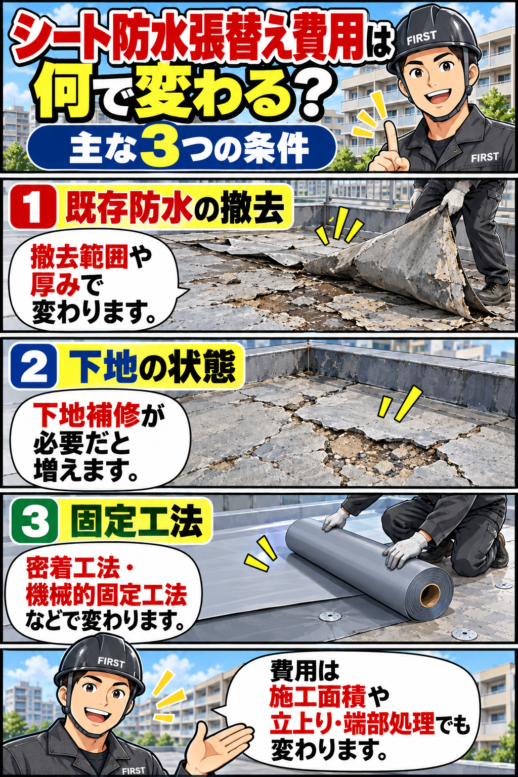 シート防水張替え費用が既存防水の撤去・下地の状態・固定工法によって変わることを説明する漫画