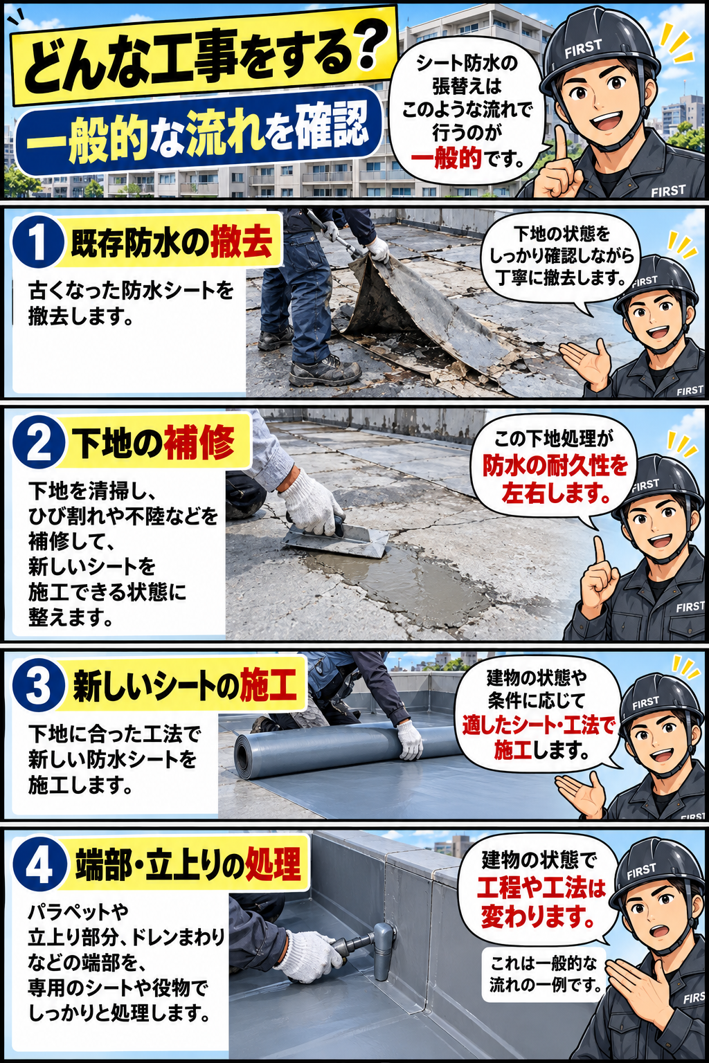 シート防水張替えの一般的な流れである既存防水撤去・下地補修・新しいシート施工・端部と立上り処理を説明する漫画