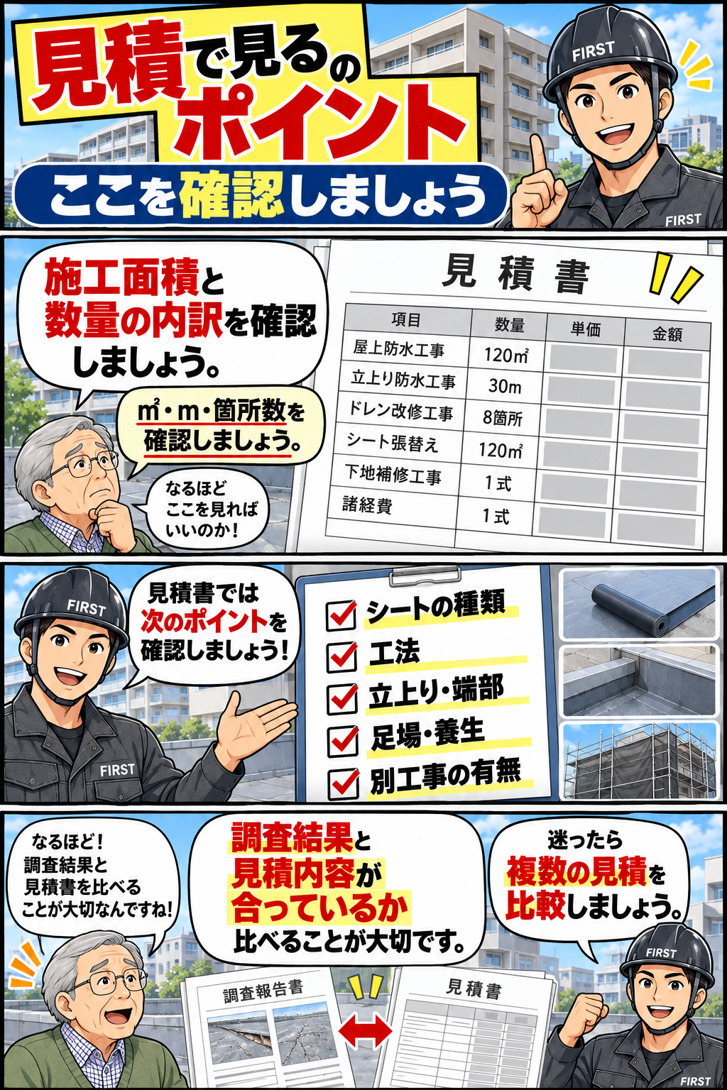 マンションのシート防水張替え見積書で施工面積・撤去工事・下地補修・固定工法・立上り・足場費用を確認する漫画
