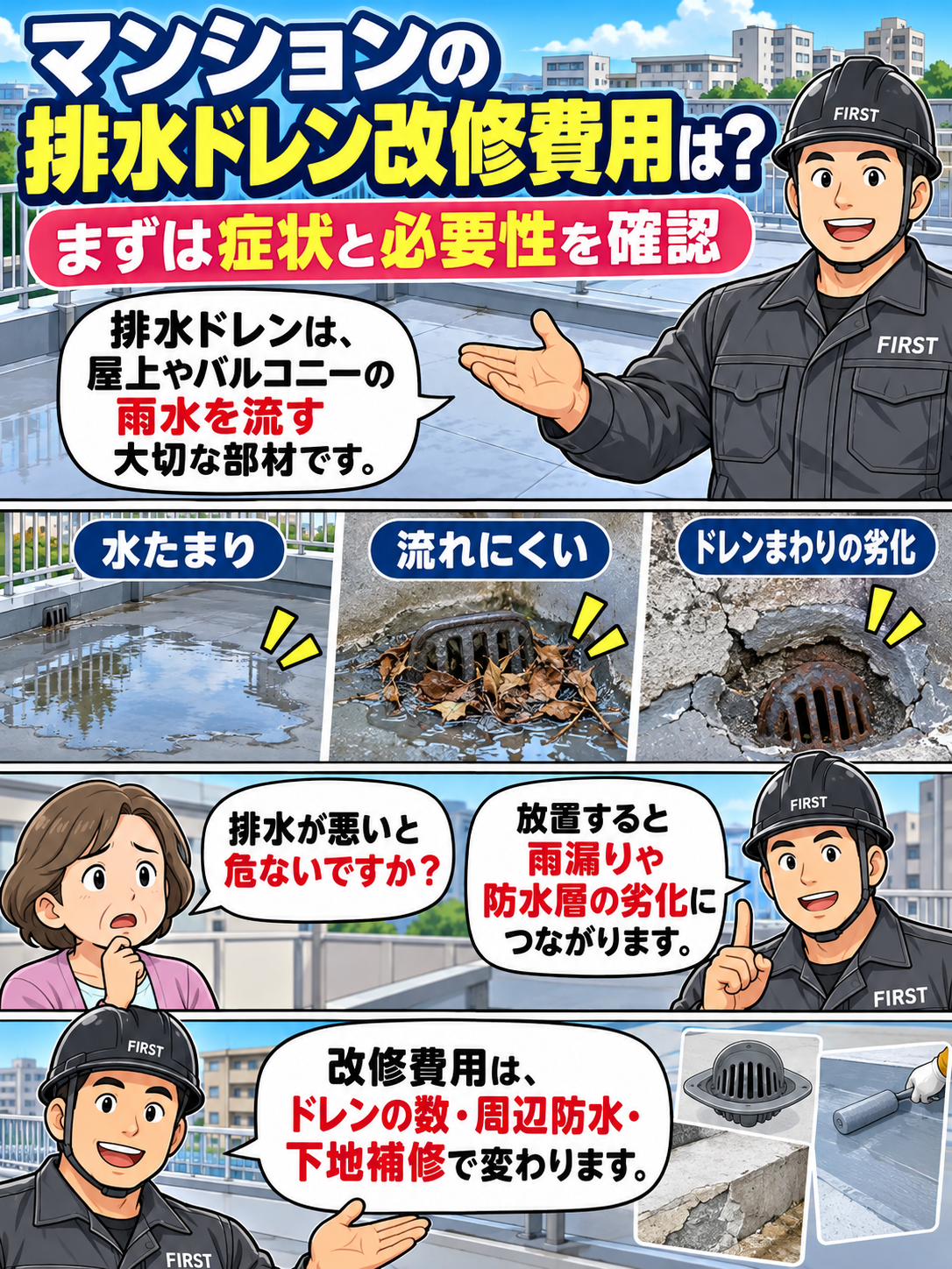 マンションの排水ドレンの役割、水たまり・詰まり・周辺防水の劣化などの症状と改修費用の考え方を説明する漫画