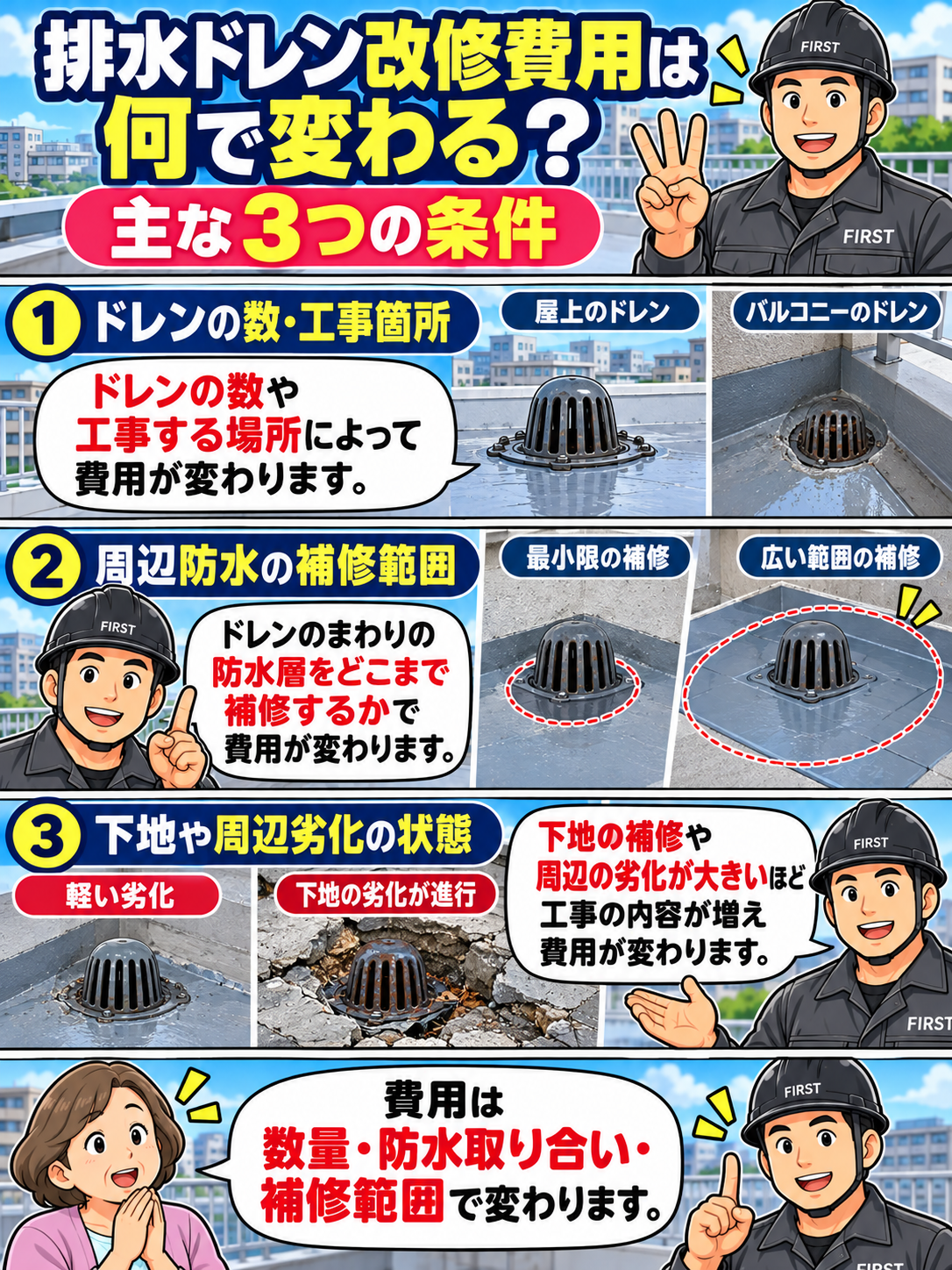 排水ドレン改修費用がドレンの数量・施工場所、周辺防水の補修範囲、下地劣化の状態によって変わることを説明する漫画