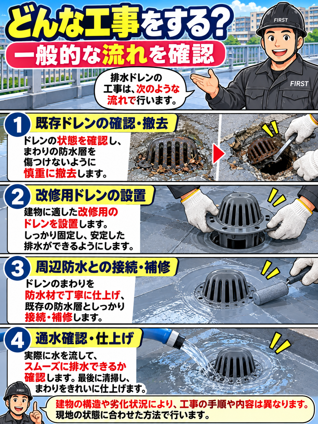 排水ドレン改修の一般的な工程である既存部材の確認・必要な撤去・改修用ドレン設置・周辺防水との接続・排水確認を説明する漫画