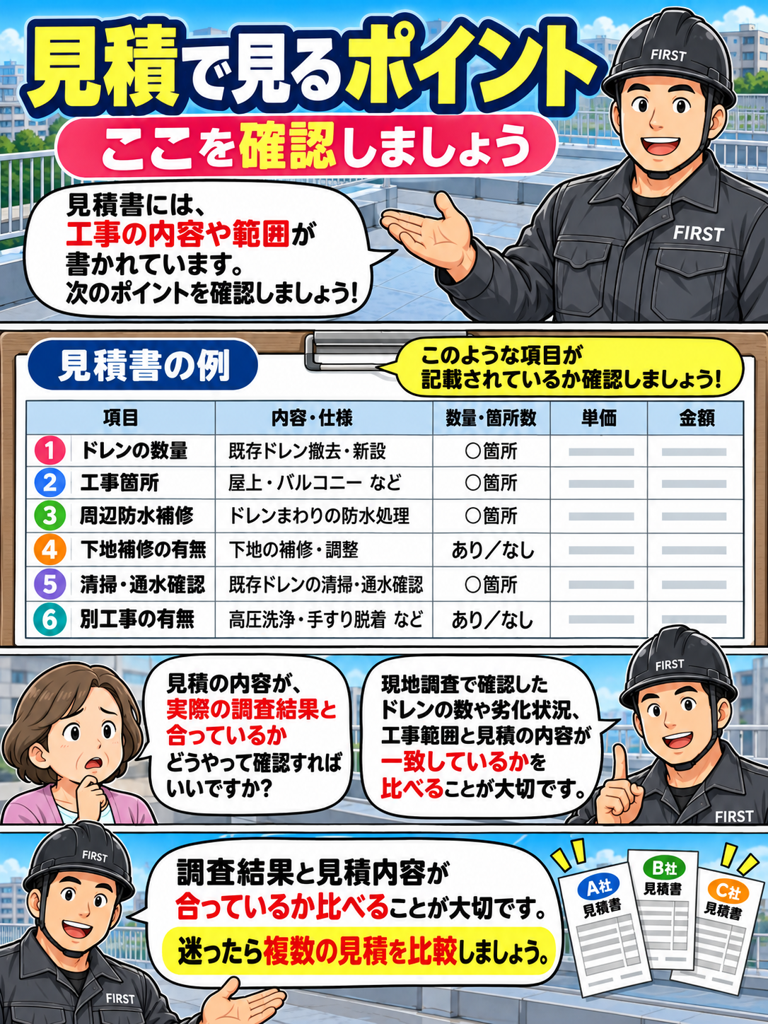 排水ドレン改修の見積書でドレンの数量・施工箇所・周辺防水・下地補修・清掃・別途工事を確認する漫画