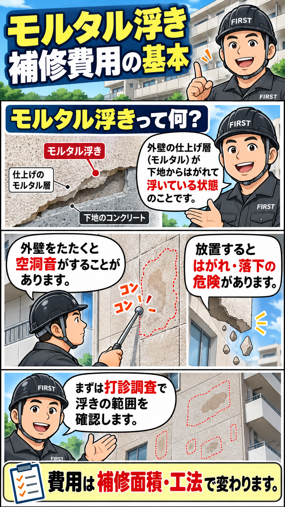 モルタル浮きとは仕上げモルタル層が下地から離れた状態であり、打診調査で範囲を確認し、剥離や落下の危険に注意することを説明する漫画