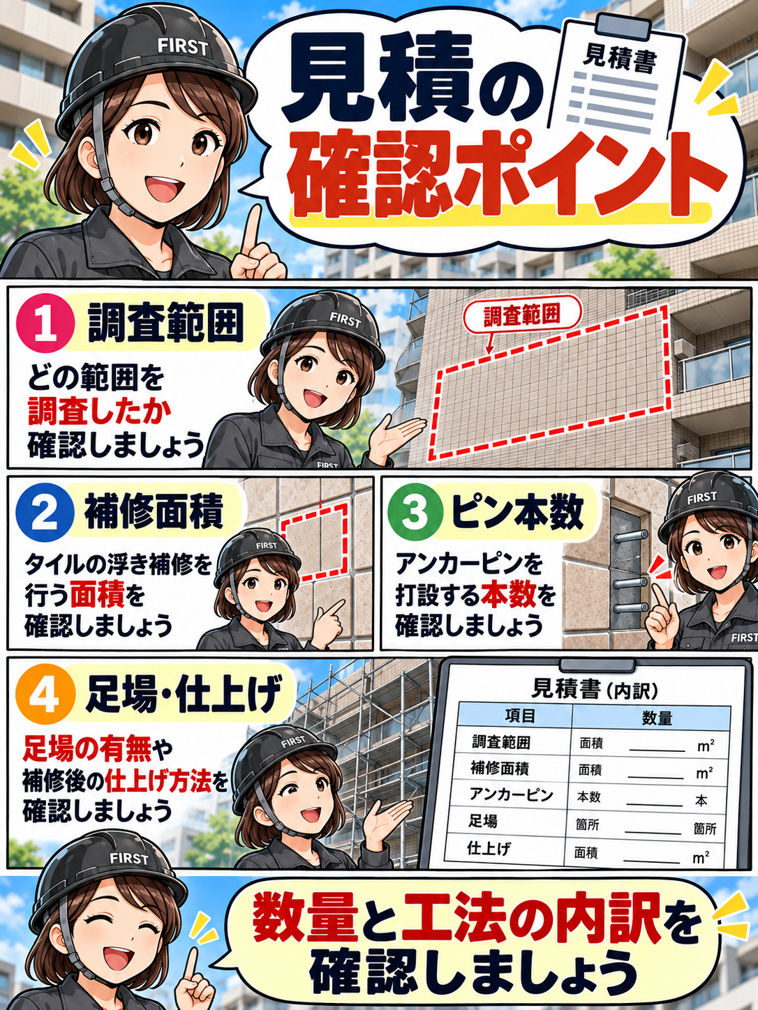 外壁タイルのアンカーピンニング工事の見積書で、打診調査範囲・補修面積・ピン本数・足場・仕上げ方法を確認する漫画