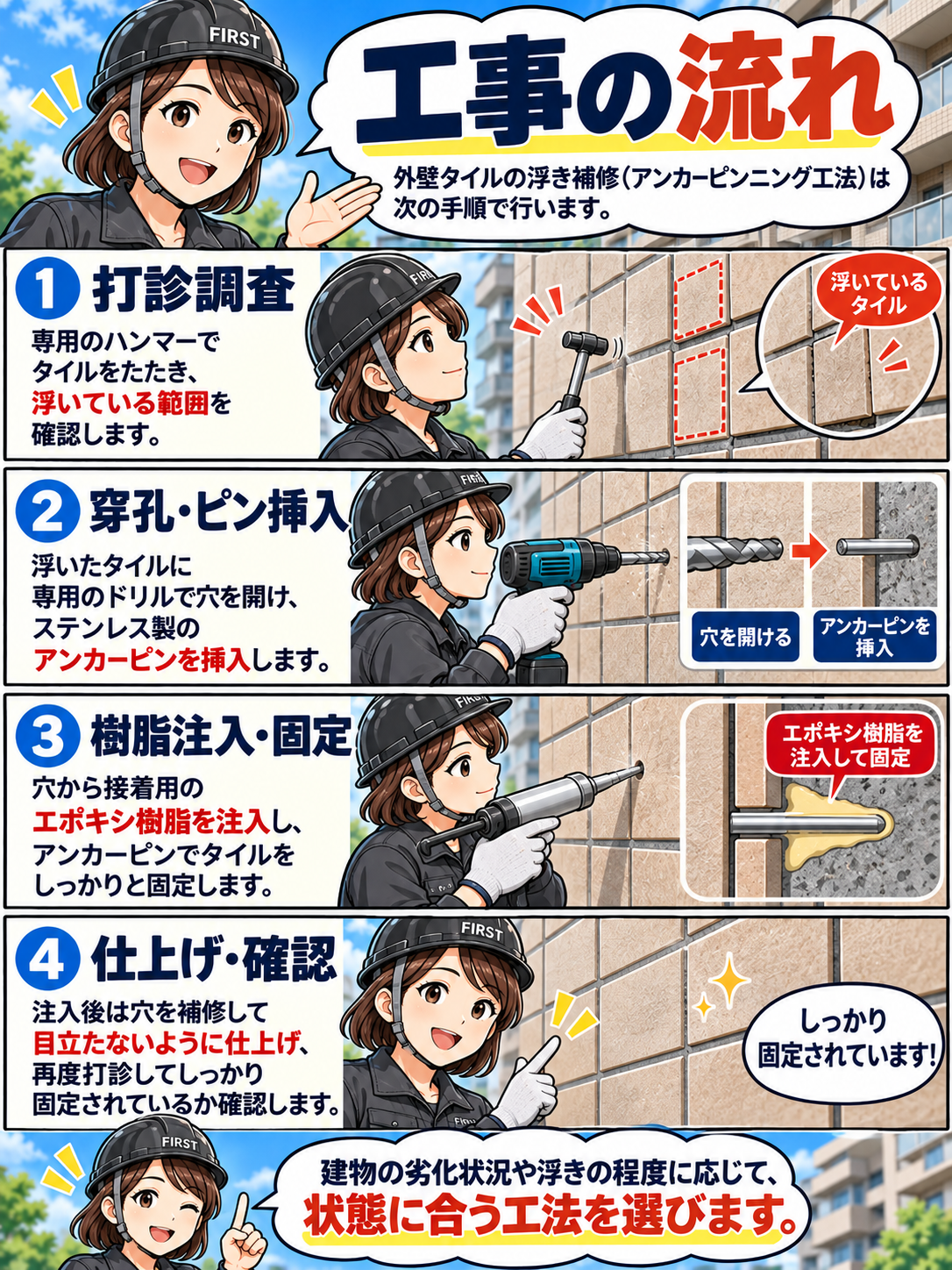 外壁タイルのアンカーピンニング工事の流れ。打診調査、穿孔とアンカーピン挿入、エポキシ樹脂注入、仕上げと完了確認を説明する漫画