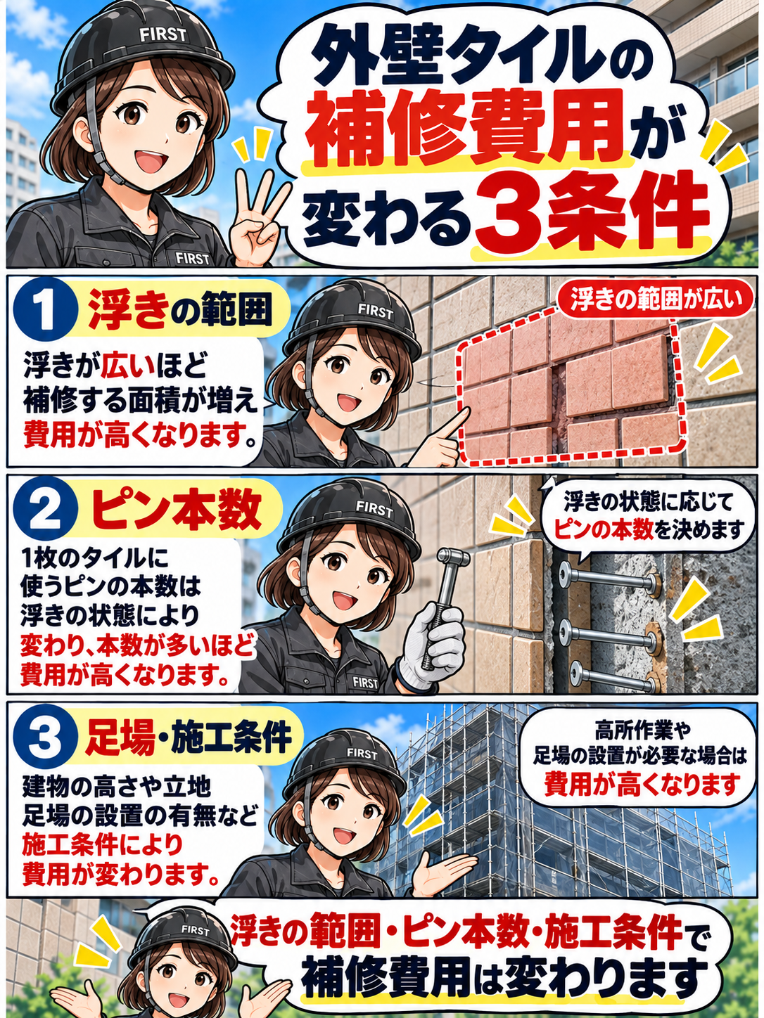 外壁タイルのアンカーピンニング工事費用が浮きの範囲、アンカーピンの本数、足場と施工条件によって変わることを説明する漫画