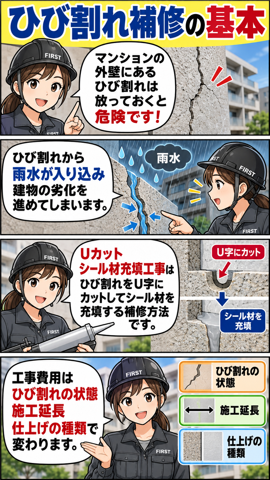 マンション外壁のひび割れから雨水が侵入するリスクと、U字型に溝を設けてシール材を充填するUカット補修工法の基本を説明する漫画
