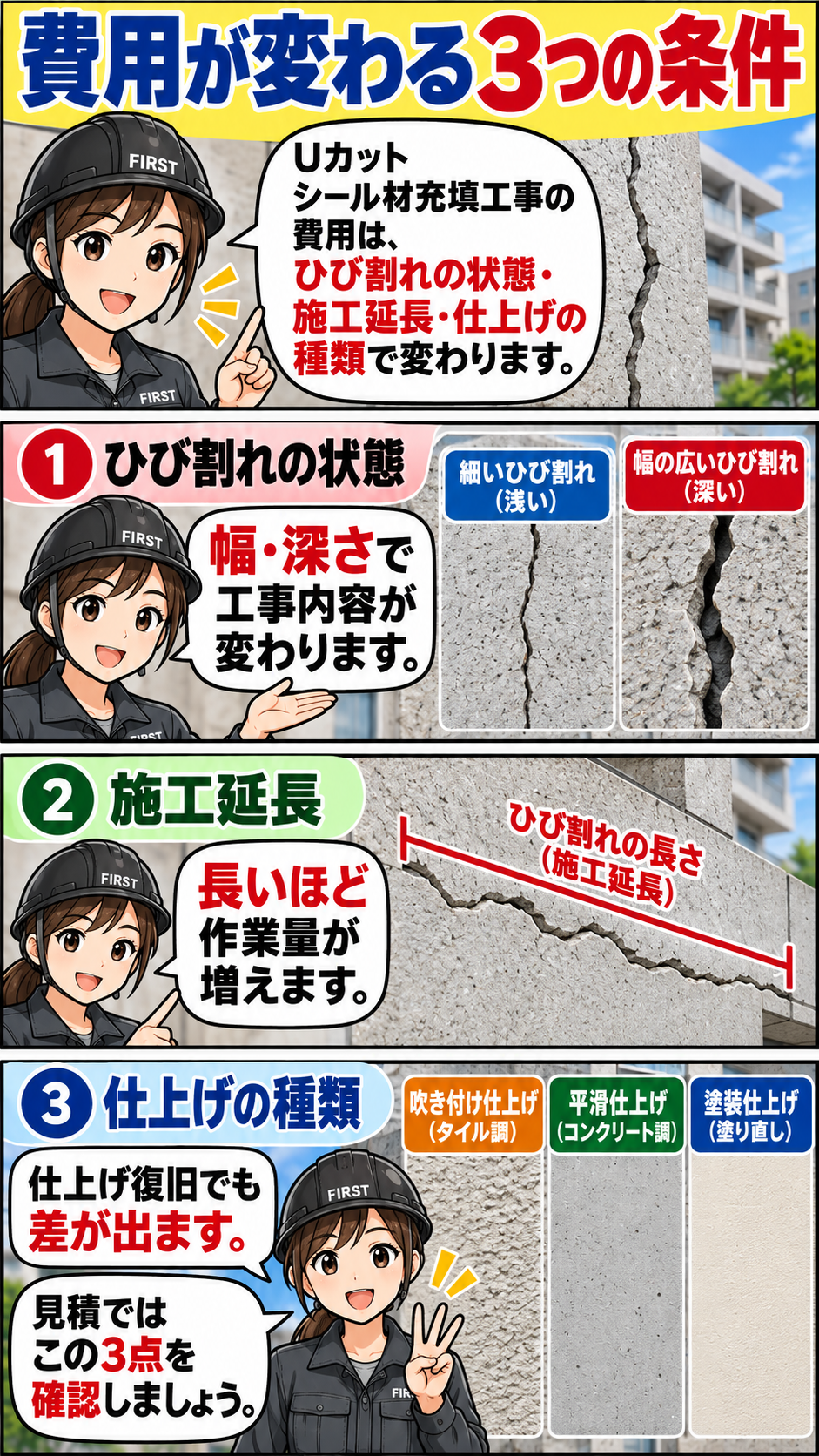 Uカットシール材充填工事の費用がひび割れの幅・深さ・施工延長・仕上げの種類によって変わることを説明する漫画