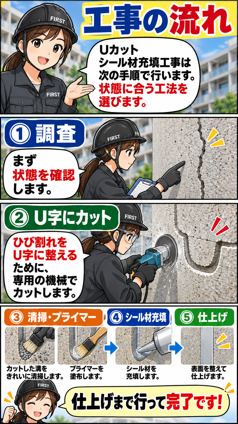 Uカットシール材充填工事の施工手順。ひび割れ調査、U字型の溝の加工、清掃・プライマー塗布、シール材充填、仕上げを説明する漫画