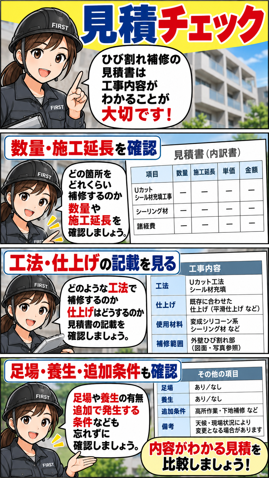 Uカットシール材充填工事の見積書で施工延長・補修数量・工法・使用材料・仕上げ方法・足場・養生・追加工事条件を確認する漫画