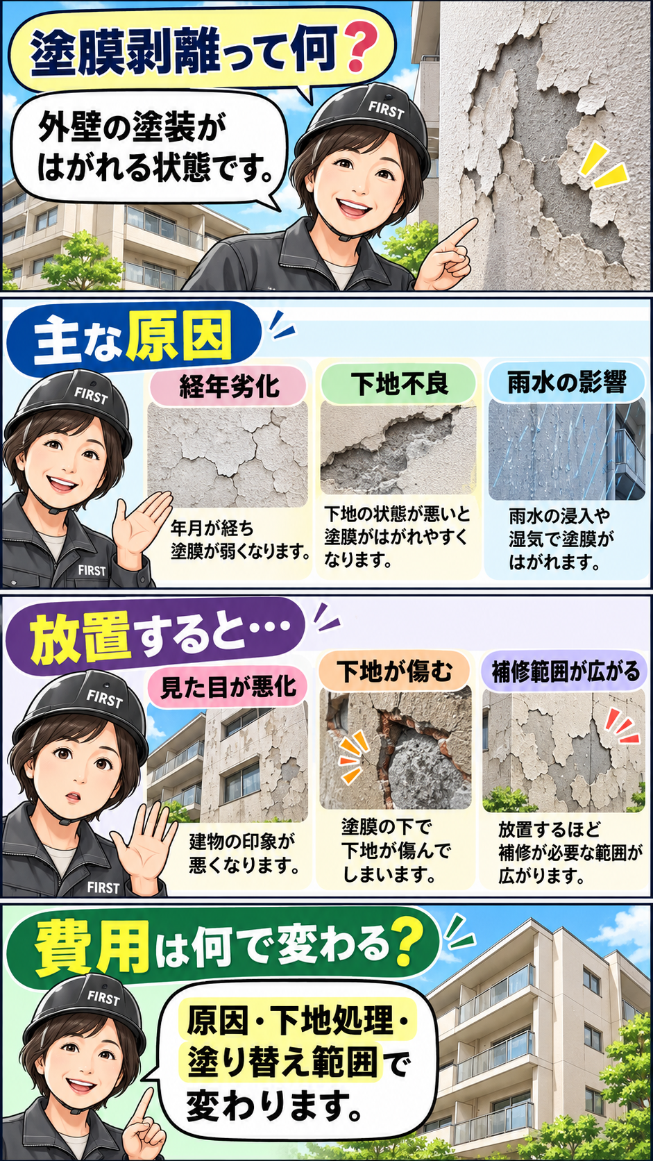 マンション外壁の塗膜剥離の原因として経年劣化・下地不良・雨水の影響を説明し、外観悪化や下地劣化のリスクを紹介する漫画