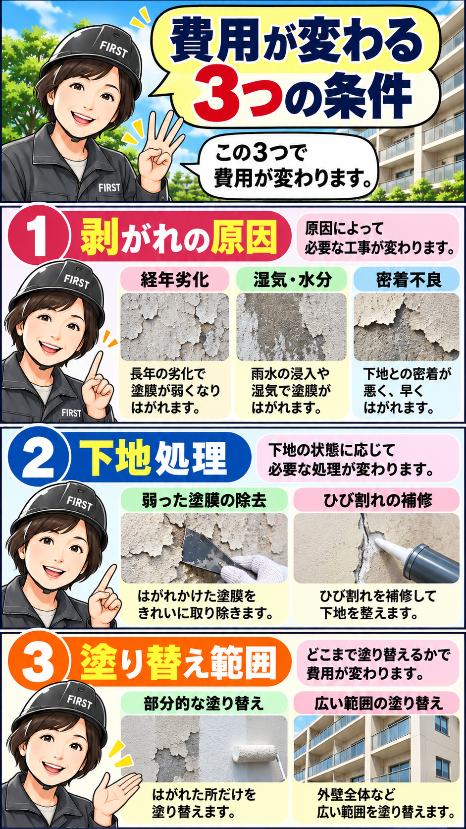外壁塗膜剥離補修の費用が、剥がれの原因、弱った塗膜の除去やひび割れ補修などの下地処理、部分塗装か広範囲塗装かによって変わることを説明する漫画