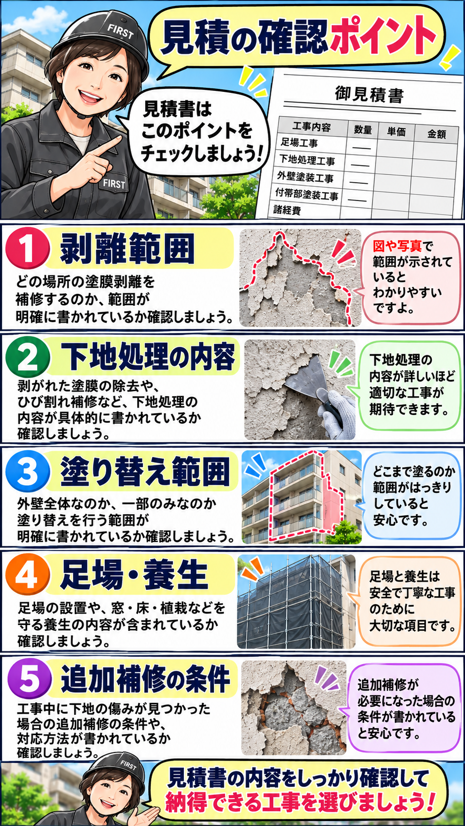 マンション外壁の塗膜剥離補修見積で、剥離範囲・下地処理・塗り替え範囲・足場と養生・追加補修条件を確認する漫画